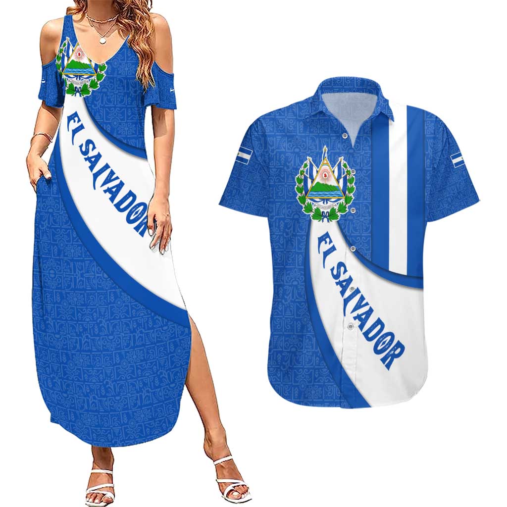 El Salvador Coat of Arms Couples Matching Summer Maxi Dress and Hawaiian Shirt with Curved Text and Blue Patterned Background - Wonder Print Shop