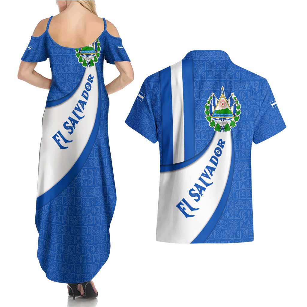 El Salvador Coat of Arms Couples Matching Summer Maxi Dress and Hawaiian Shirt with Curved Text and Blue Patterned Background - Wonder Print Shop