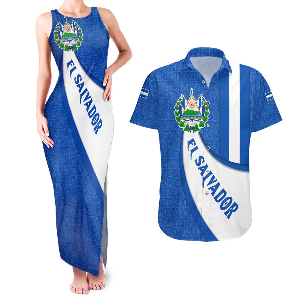 El Salvador Coat of Arms Couples Matching Tank Maxi Dress and Hawaiian Shirt with Curved Text and Blue Patterned Background - Wonder Print Shop