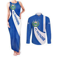 El Salvador Coat of Arms Couples Matching Tank Maxi Dress and Long Sleeve Button Shirt with Curved Text and Blue Patterned Background - Wonder Print Shop