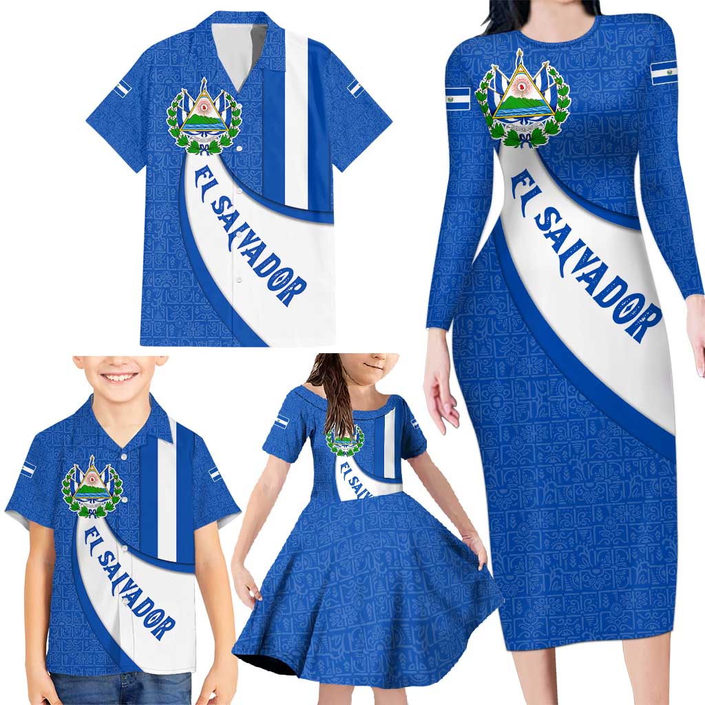 El Salvador Coat of Arms Family Matching Long Sleeve Bodycon Dress and Hawaiian Shirt with Curved Text and Blue Patterned Background - Wonder Print Shop