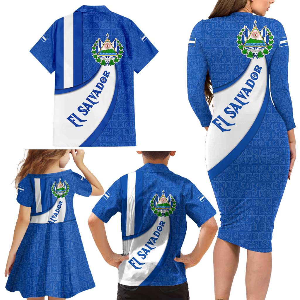 El Salvador Coat of Arms Family Matching Long Sleeve Bodycon Dress and Hawaiian Shirt with Curved Text and Blue Patterned Background - Wonder Print Shop