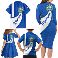 El Salvador Coat of Arms Family Matching Long Sleeve Bodycon Dress and Hawaiian Shirt with Curved Text and Blue Patterned Background - Wonder Print Shop