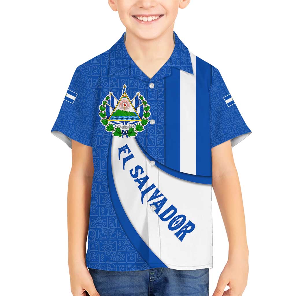 El Salvador Coat of Arms Family Matching Long Sleeve Bodycon Dress and Hawaiian Shirt with Curved Text and Blue Patterned Background - Wonder Print Shop