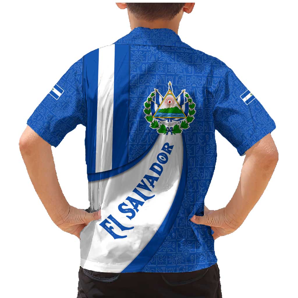 El Salvador Coat of Arms Family Matching Mermaid Dress and Hawaiian Shirt with Curved Text and Blue Patterned Background - Wonder Print Shop