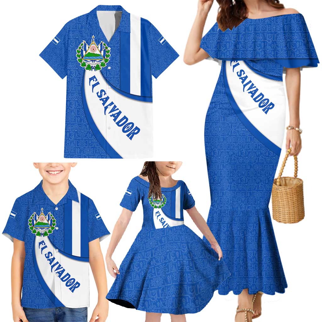 El Salvador Coat of Arms Family Matching Mermaid Dress and Hawaiian Shirt with Curved Text and Blue Patterned Background - Wonder Print Shop