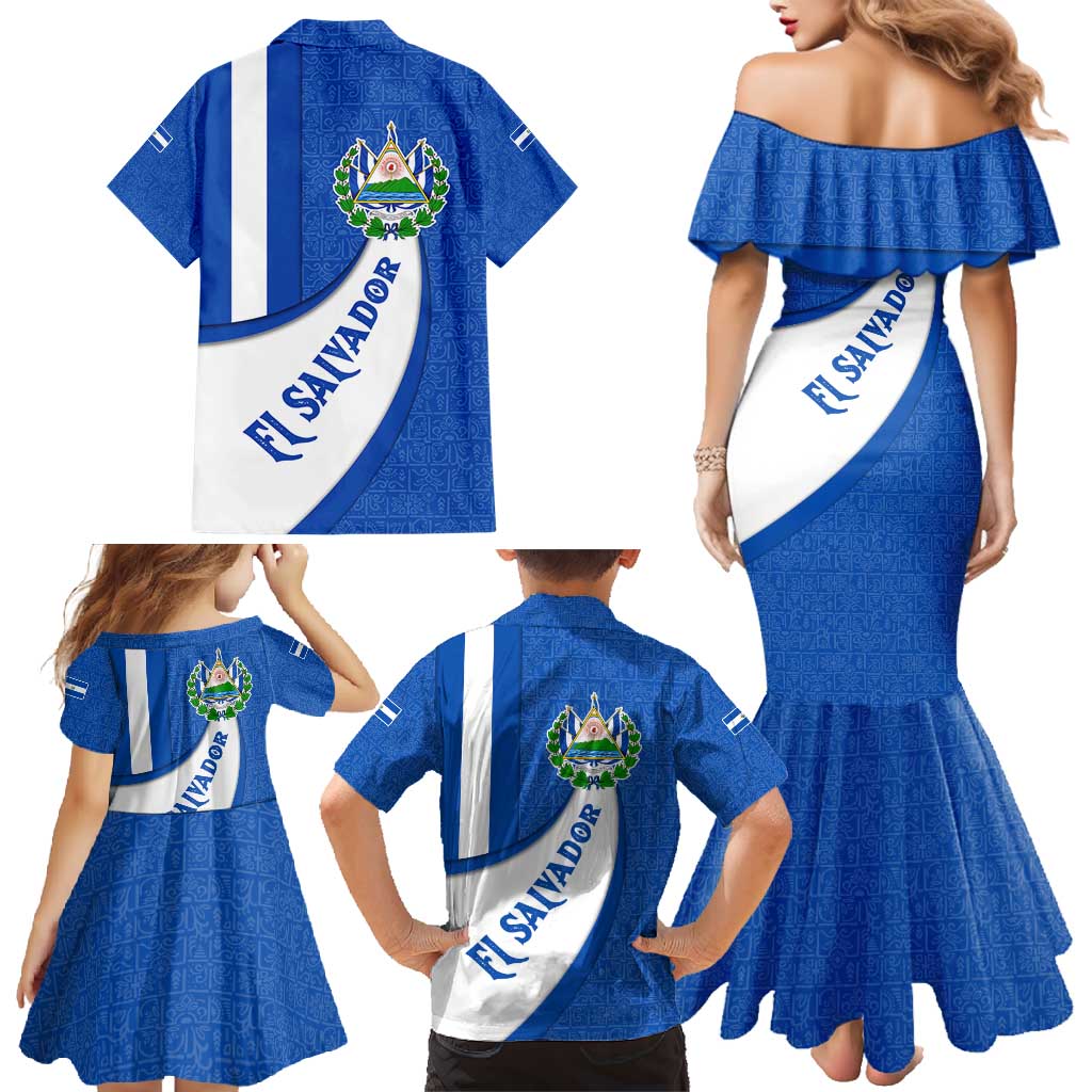 El Salvador Coat of Arms Family Matching Mermaid Dress and Hawaiian Shirt with Curved Text and Blue Patterned Background - Wonder Print Shop