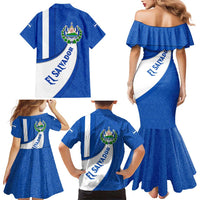 El Salvador Coat of Arms Family Matching Mermaid Dress and Hawaiian Shirt with Curved Text and Blue Patterned Background - Wonder Print Shop