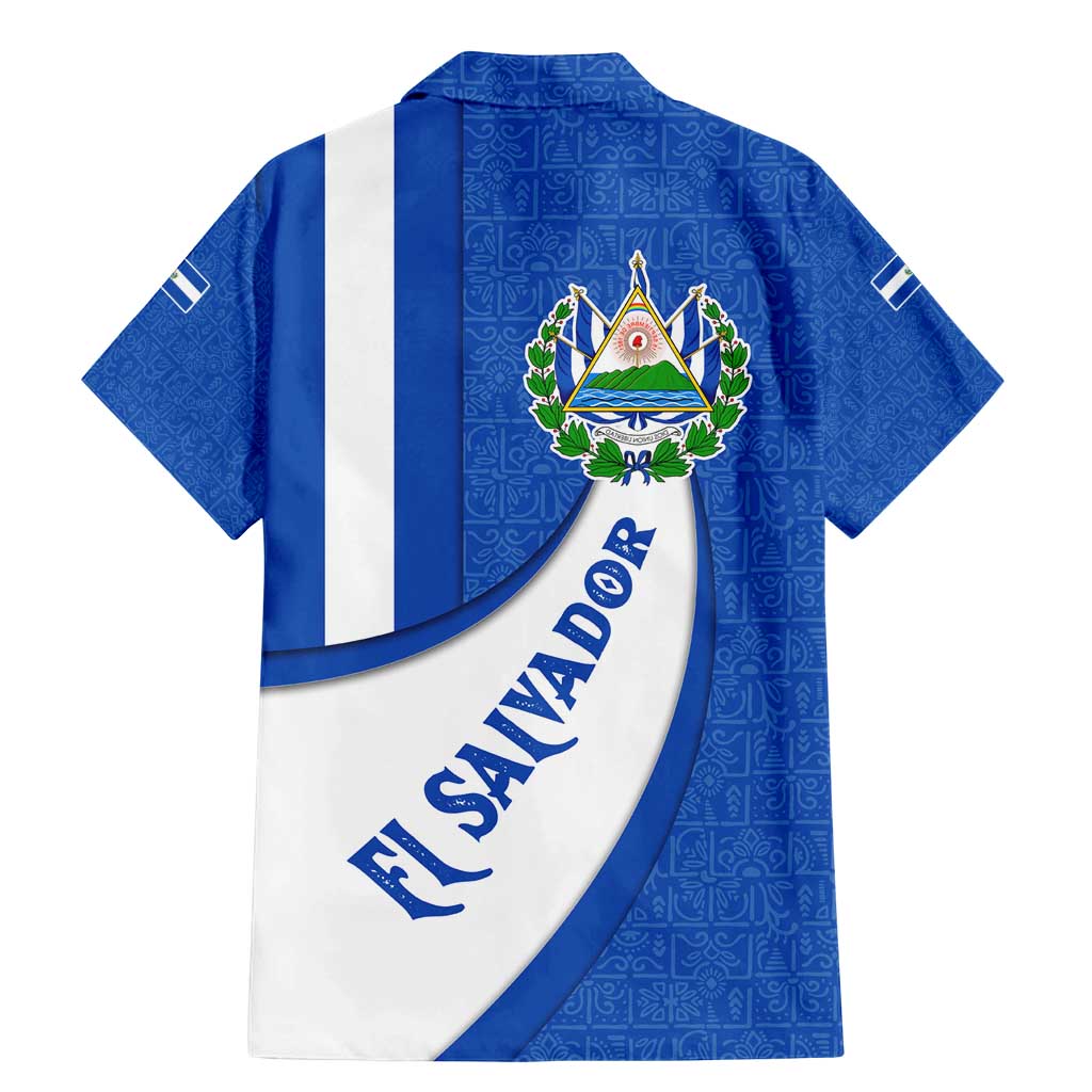 El Salvador Coat of Arms Family Matching Mermaid Dress and Hawaiian Shirt with Curved Text and Blue Patterned Background - Wonder Print Shop