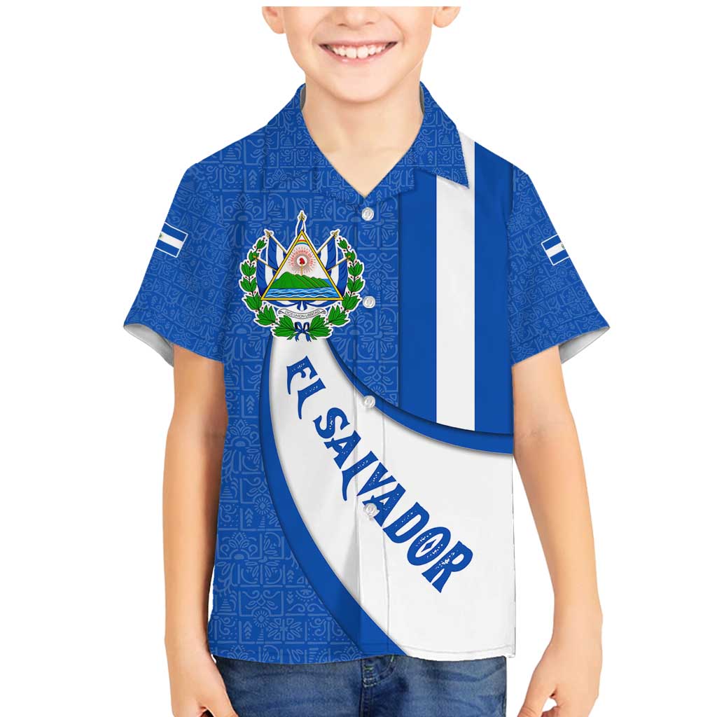 El Salvador Coat of Arms Family Matching Mermaid Dress and Hawaiian Shirt with Curved Text and Blue Patterned Background - Wonder Print Shop