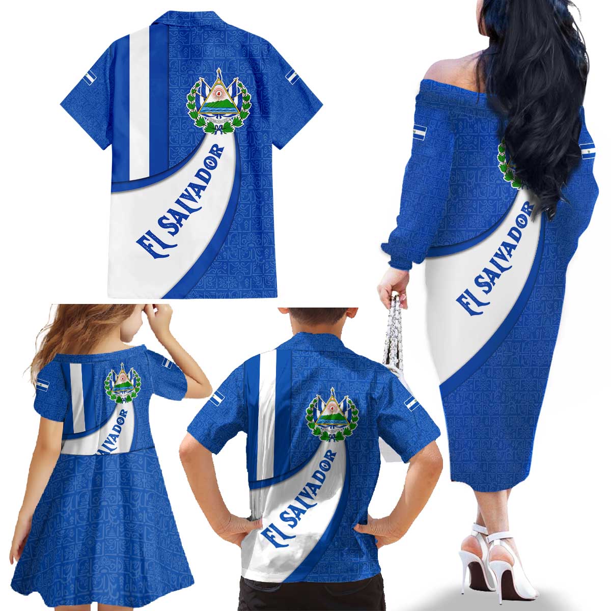 El Salvador Coat of Arms Family Matching Off The Shoulder Long Sleeve Dress and Hawaiian Shirt with Curved Text and Blue Patterned Background - Wonder Print Shop