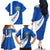 El Salvador Coat of Arms Family Matching Off The Shoulder Long Sleeve Dress and Hawaiian Shirt with Curved Text and Blue Patterned Background - Wonder Print Shop