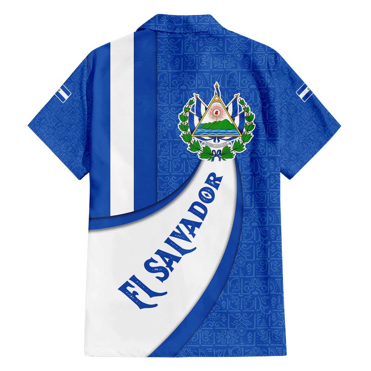 El Salvador Coat of Arms Family Matching Off The Shoulder Long Sleeve Dress and Hawaiian Shirt with Curved Text and Blue Patterned Background - Wonder Print Shop