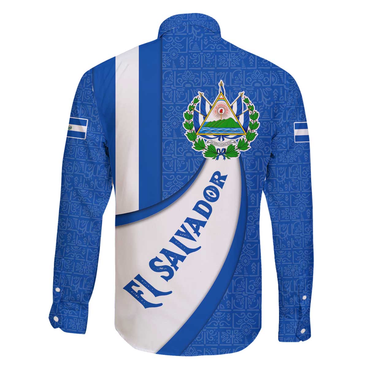 El Salvador Coat of Arms Family Matching Off The Shoulder Long Sleeve Dress and Hawaiian Shirt with Curved Text and Blue Patterned Background - Wonder Print Shop