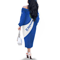 El Salvador Coat of Arms Family Matching Off The Shoulder Long Sleeve Dress and Hawaiian Shirt with Curved Text and Blue Patterned Background - Wonder Print Shop