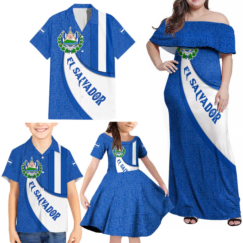El Salvador Coat of Arms Family Matching Off Shoulder Maxi Dress and Hawaiian Shirt with Curved Text and Blue Patterned Background - Wonder Print Shop