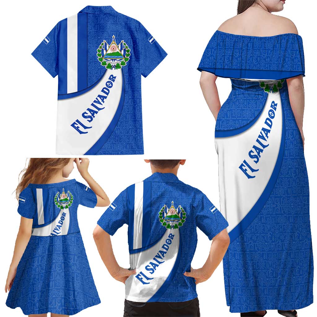 El Salvador Coat of Arms Family Matching Off Shoulder Maxi Dress and Hawaiian Shirt with Curved Text and Blue Patterned Background - Wonder Print Shop