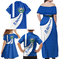 El Salvador Coat of Arms Family Matching Off Shoulder Maxi Dress and Hawaiian Shirt with Curved Text and Blue Patterned Background - Wonder Print Shop