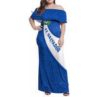 El Salvador Coat of Arms Family Matching Off Shoulder Maxi Dress and Hawaiian Shirt with Curved Text and Blue Patterned Background - Wonder Print Shop