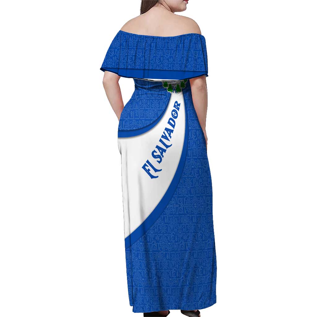 El Salvador Coat of Arms Family Matching Off Shoulder Maxi Dress and Hawaiian Shirt with Curved Text and Blue Patterned Background - Wonder Print Shop