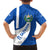 El Salvador Coat of Arms Family Matching Off Shoulder Short Dress and Hawaiian Shirt with Curved Text and Blue Patterned Background - Wonder Print Shop
