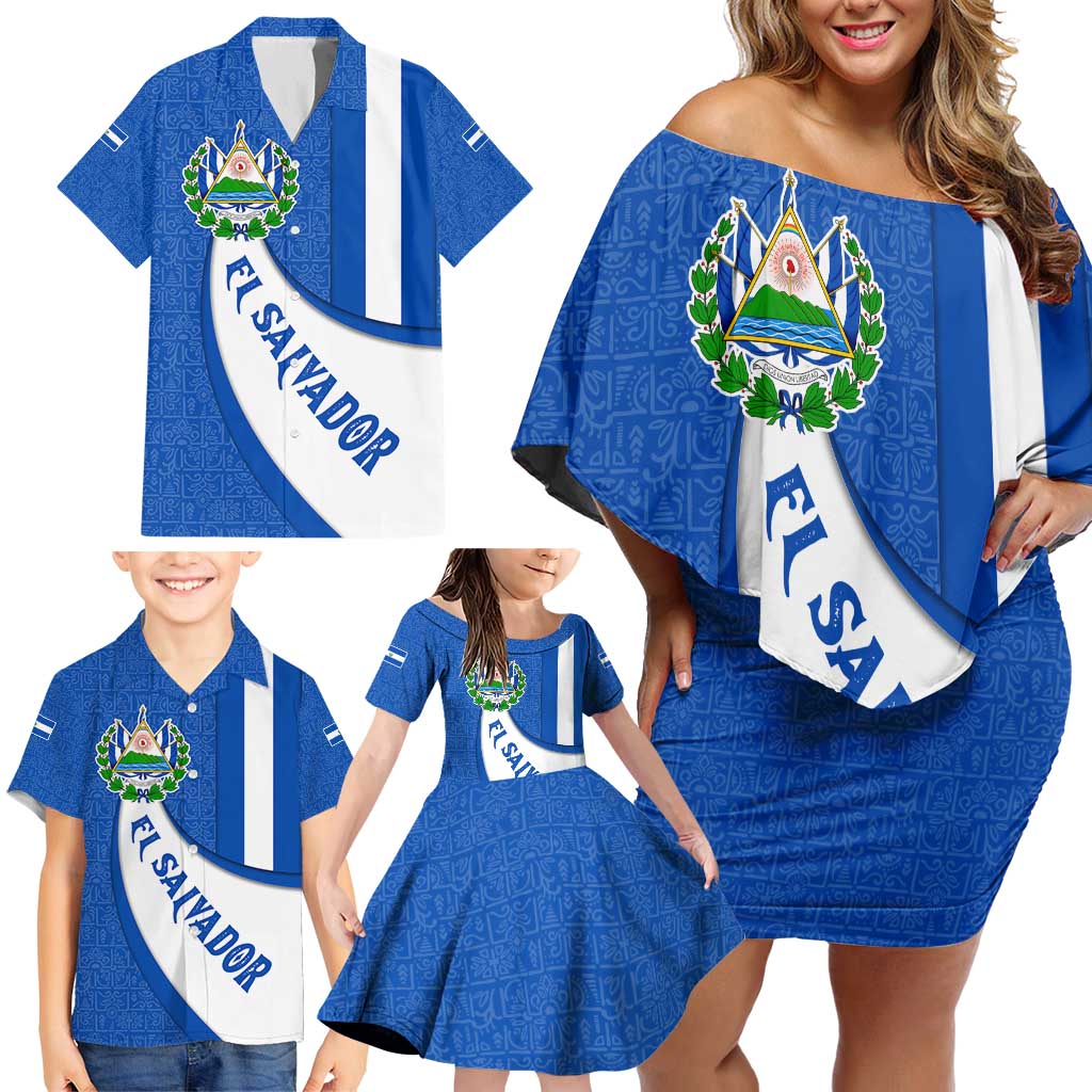 El Salvador Coat of Arms Family Matching Off Shoulder Short Dress and Hawaiian Shirt with Curved Text and Blue Patterned Background - Wonder Print Shop