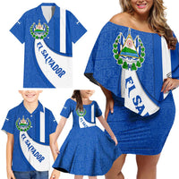 El Salvador Coat of Arms Family Matching Off Shoulder Short Dress and Hawaiian Shirt with Curved Text and Blue Patterned Background - Wonder Print Shop