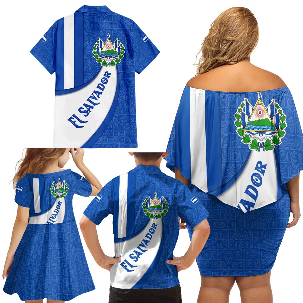 El Salvador Coat of Arms Family Matching Off Shoulder Short Dress and Hawaiian Shirt with Curved Text and Blue Patterned Background - Wonder Print Shop