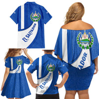 El Salvador Coat of Arms Family Matching Off Shoulder Short Dress and Hawaiian Shirt with Curved Text and Blue Patterned Background - Wonder Print Shop