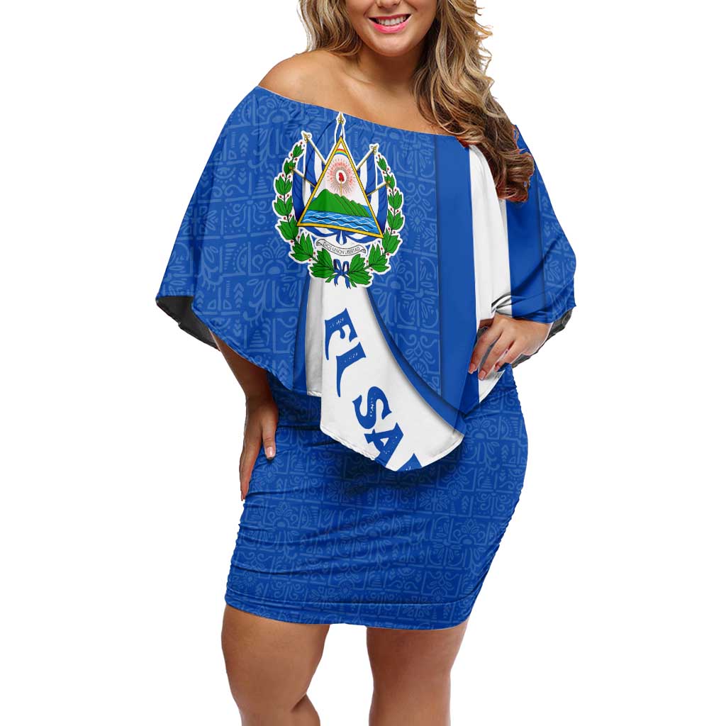 El Salvador Coat of Arms Family Matching Off Shoulder Short Dress and Hawaiian Shirt with Curved Text and Blue Patterned Background - Wonder Print Shop