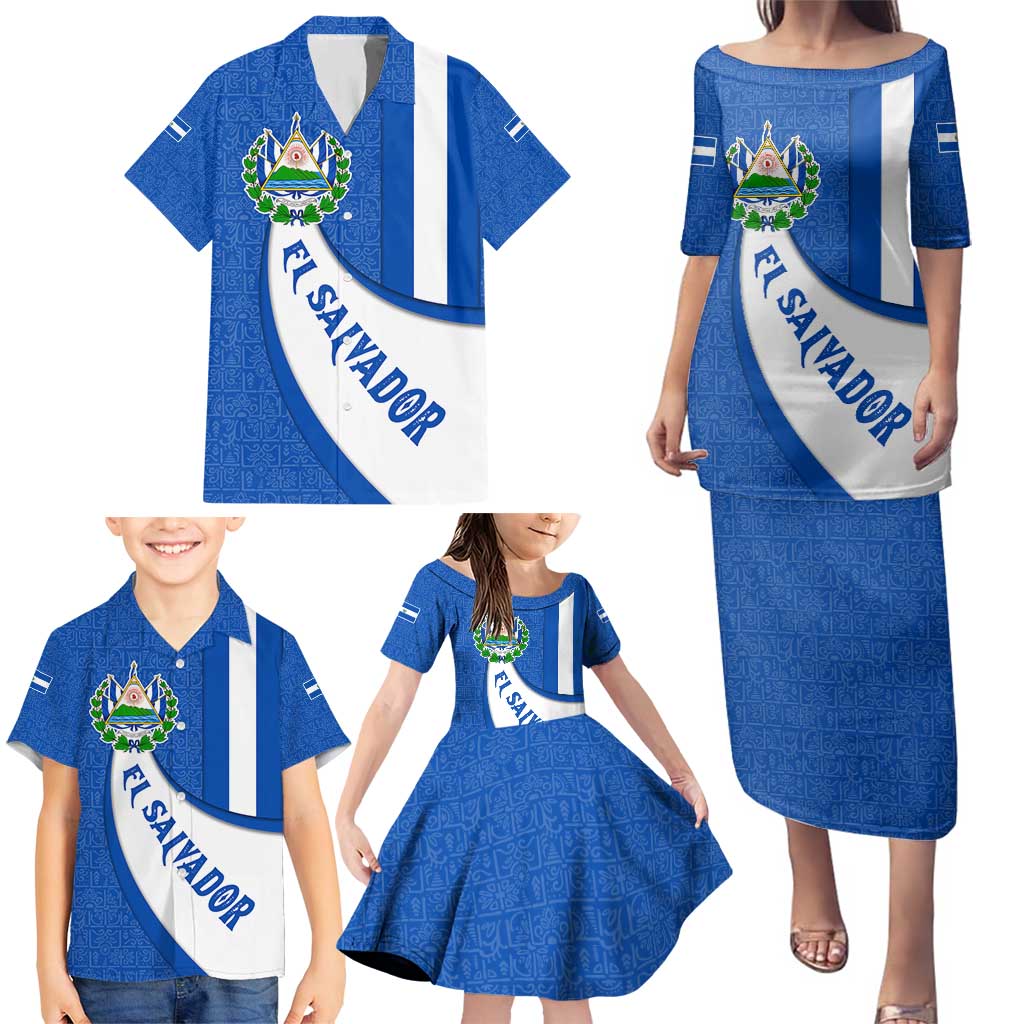 El Salvador Coat of Arms Family Matching Puletasi and Hawaiian Shirt with Curved Text and Blue Patterned Background - Wonder Print Shop