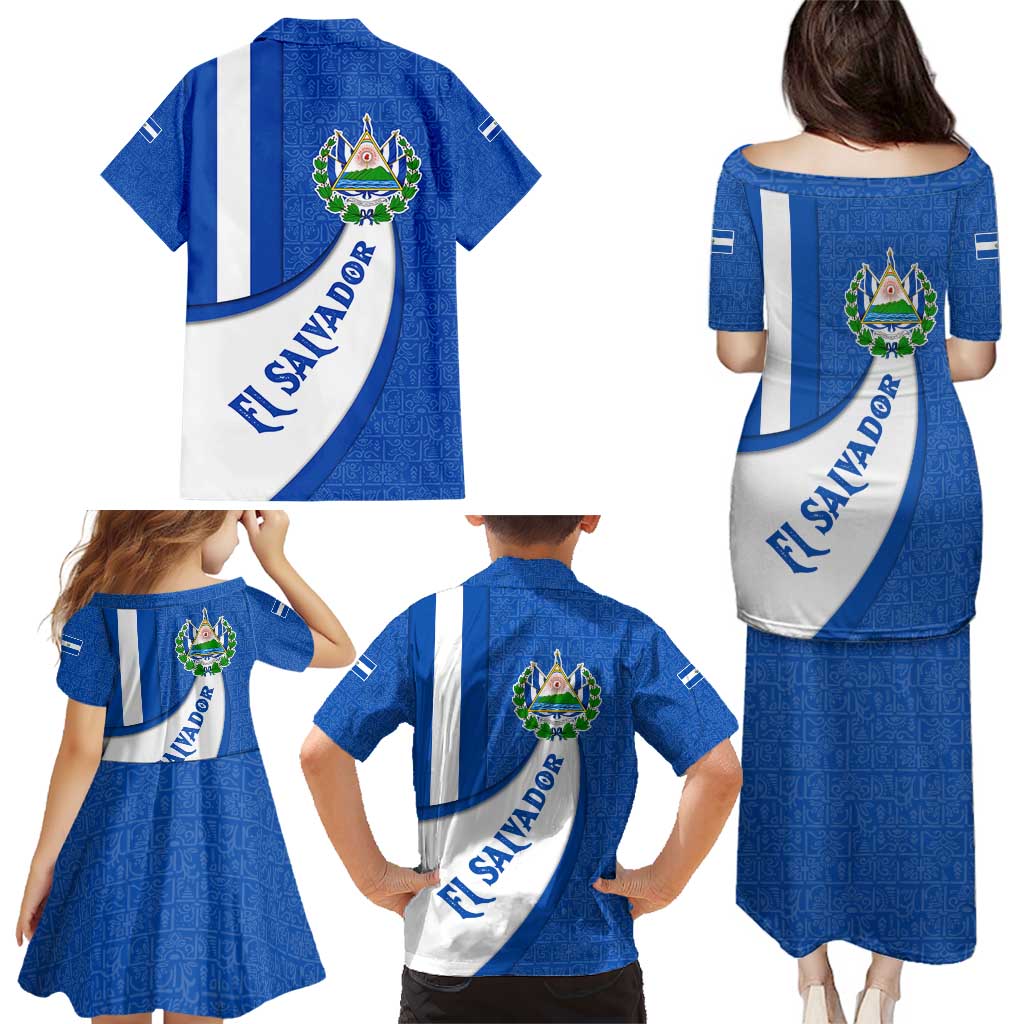 El Salvador Coat of Arms Family Matching Puletasi and Hawaiian Shirt with Curved Text and Blue Patterned Background - Wonder Print Shop