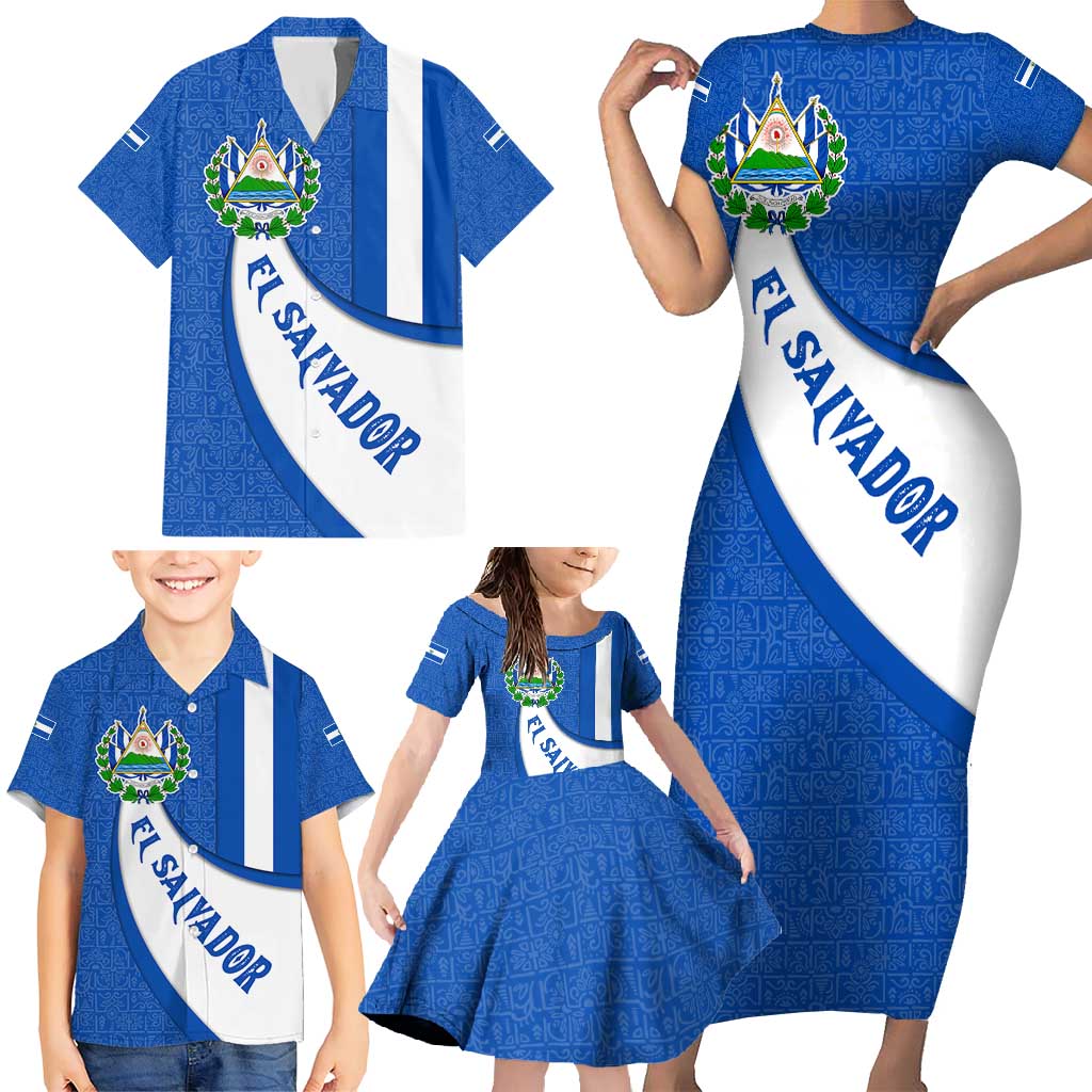 El Salvador Coat of Arms Family Matching Short Sleeve Bodycon Dress and Hawaiian Shirt with Curved Text and Blue Patterned Background - Wonder Print Shop