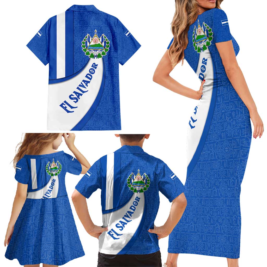 El Salvador Coat of Arms Family Matching Short Sleeve Bodycon Dress and Hawaiian Shirt with Curved Text and Blue Patterned Background - Wonder Print Shop