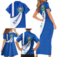 El Salvador Coat of Arms Family Matching Short Sleeve Bodycon Dress and Hawaiian Shirt with Curved Text and Blue Patterned Background - Wonder Print Shop