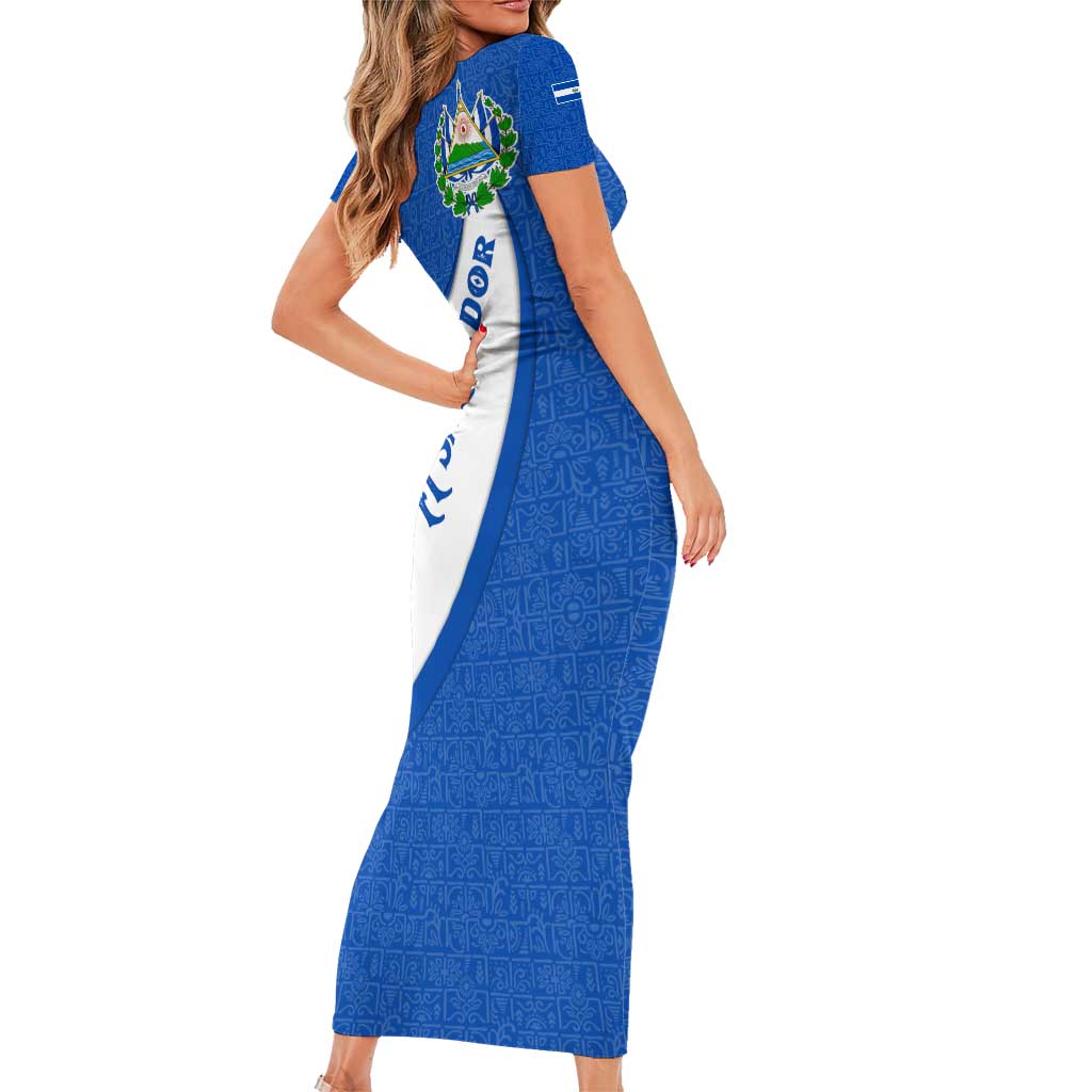 El Salvador Coat of Arms Family Matching Short Sleeve Bodycon Dress and Hawaiian Shirt with Curved Text and Blue Patterned Background - Wonder Print Shop