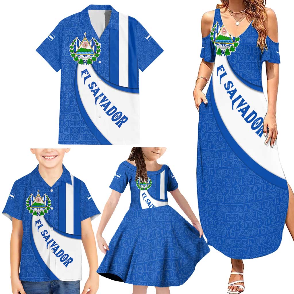El Salvador Coat of Arms Family Matching Summer Maxi Dress and Hawaiian Shirt with Curved Text and Blue Patterned Background - Wonder Print Shop