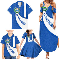 El Salvador Coat of Arms Family Matching Summer Maxi Dress and Hawaiian Shirt with Curved Text and Blue Patterned Background - Wonder Print Shop