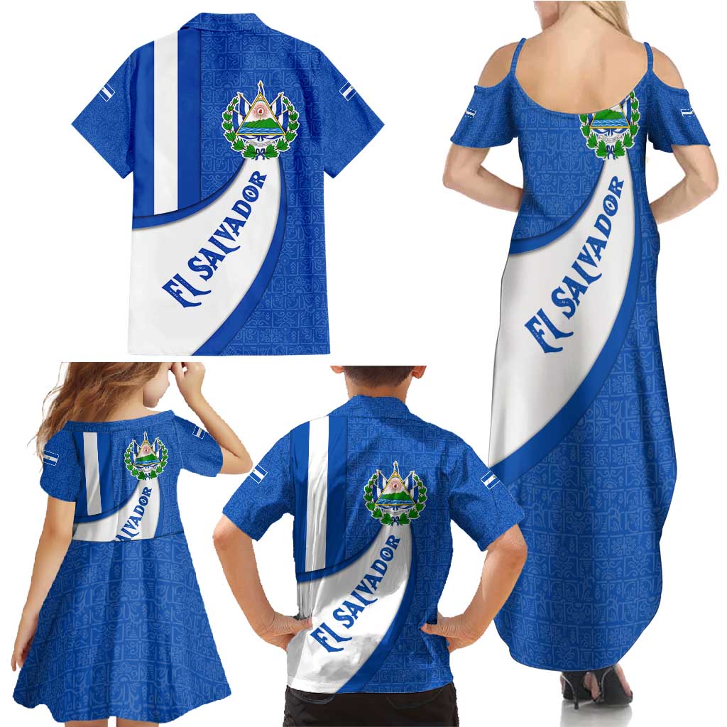 El Salvador Coat of Arms Family Matching Summer Maxi Dress and Hawaiian Shirt with Curved Text and Blue Patterned Background - Wonder Print Shop
