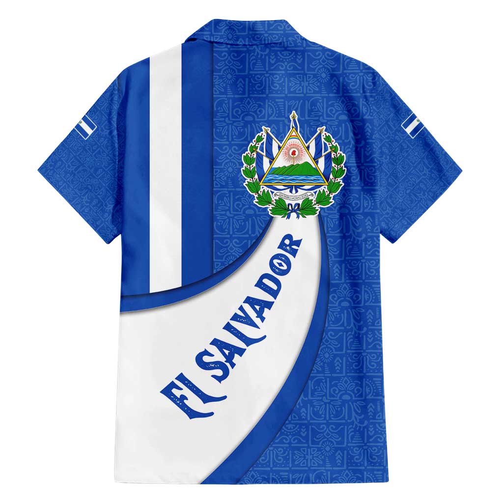 El Salvador Coat of Arms Family Matching Summer Maxi Dress and Hawaiian Shirt with Curved Text and Blue Patterned Background - Wonder Print Shop