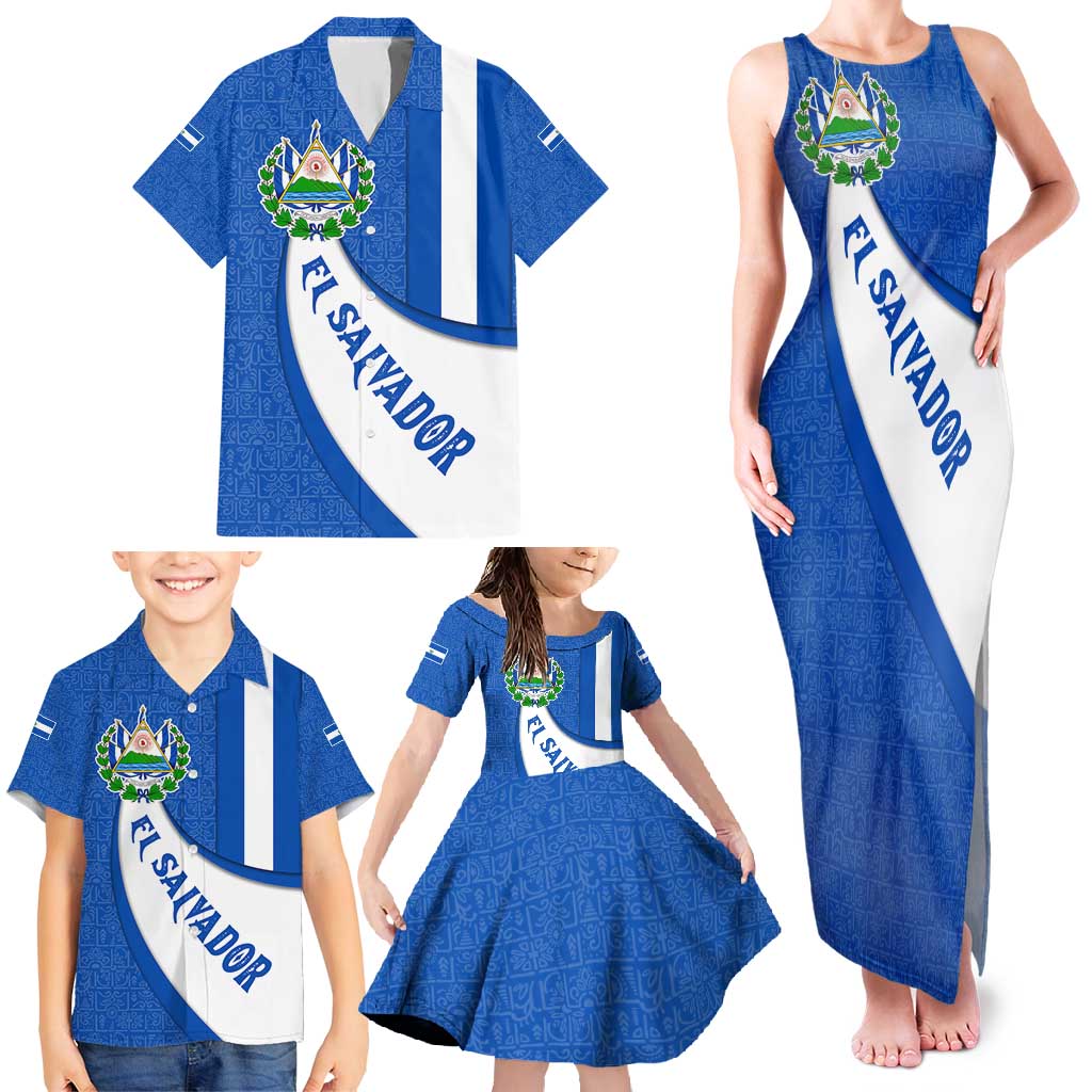 El Salvador Coat of Arms Family Matching Tank Maxi Dress and Hawaiian Shirt with Curved Text and Blue Patterned Background - Wonder Print Shop