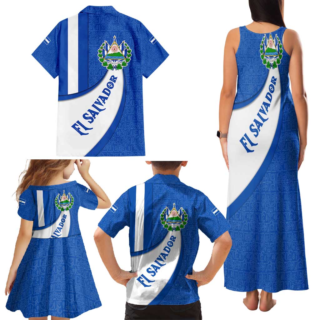 El Salvador Coat of Arms Family Matching Tank Maxi Dress and Hawaiian Shirt with Curved Text and Blue Patterned Background - Wonder Print Shop