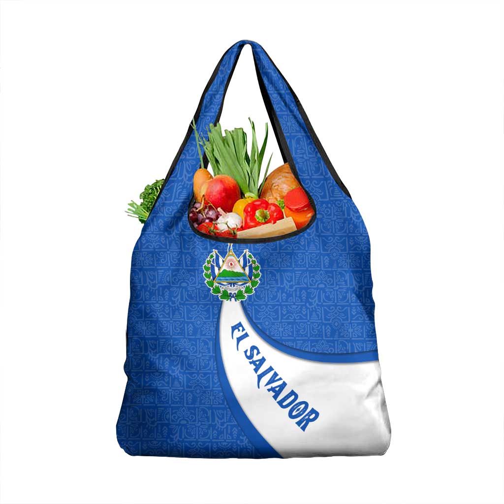 El Salvador Coat of Arms Grocery Bag with Curved Text and Blue Patterned Background - Wonder Print Shop