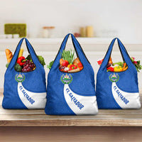 El Salvador Coat of Arms Grocery Bag with Curved Text and Blue Patterned Background - Wonder Print Shop