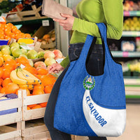 El Salvador Coat of Arms Grocery Bag with Curved Text and Blue Patterned Background - Wonder Print Shop