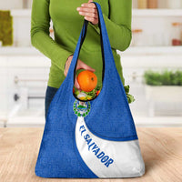El Salvador Coat of Arms Grocery Bag with Curved Text and Blue Patterned Background - Wonder Print Shop