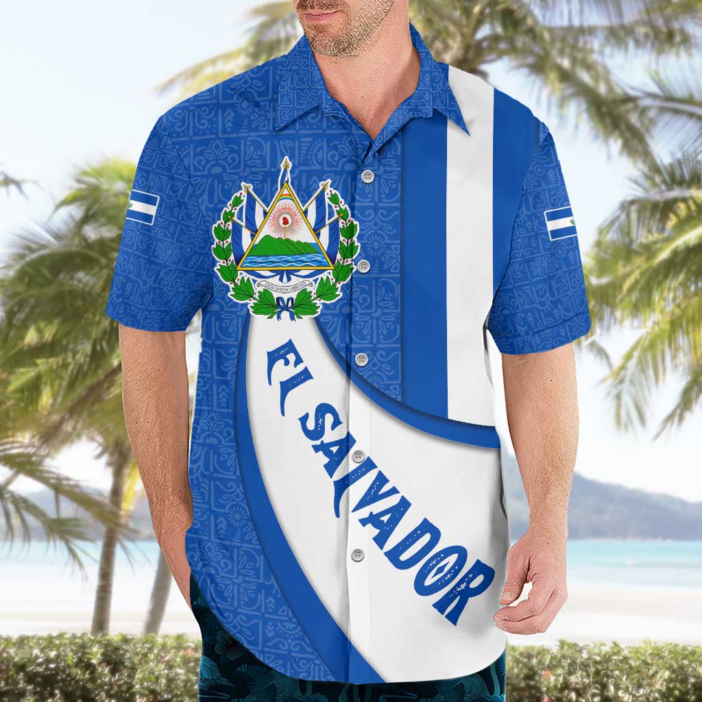 El Salvador Coat of Arms Hawaiian Shirt with Curved Text and Blue Patterned Background - Wonder Print Shop