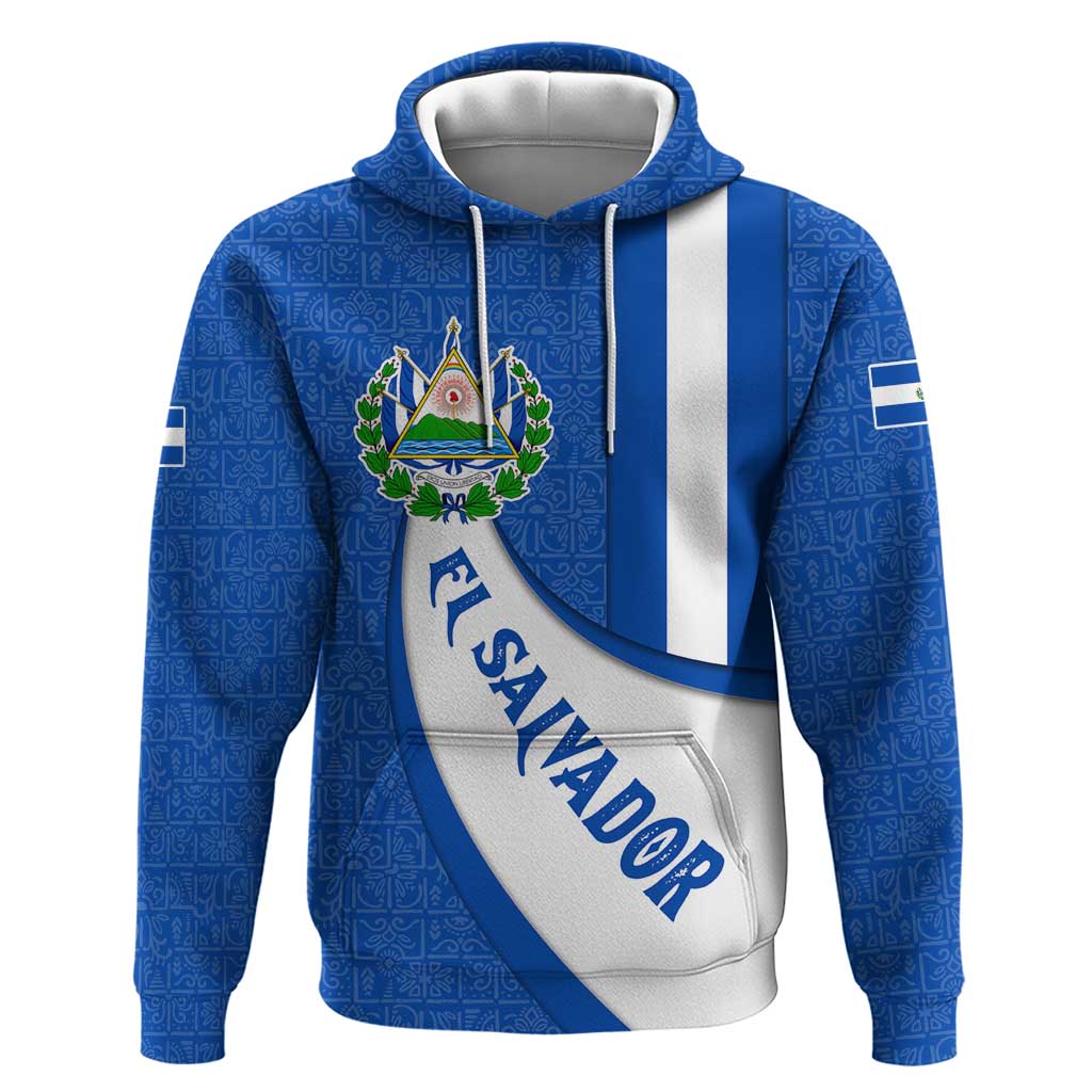 El Salvador Coat of Arms Hoodie with Curved Text and Blue Patterned Background - Wonder Print Shop