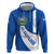 El Salvador Coat of Arms Hoodie with Curved Text and Blue Patterned Background - Wonder Print Shop