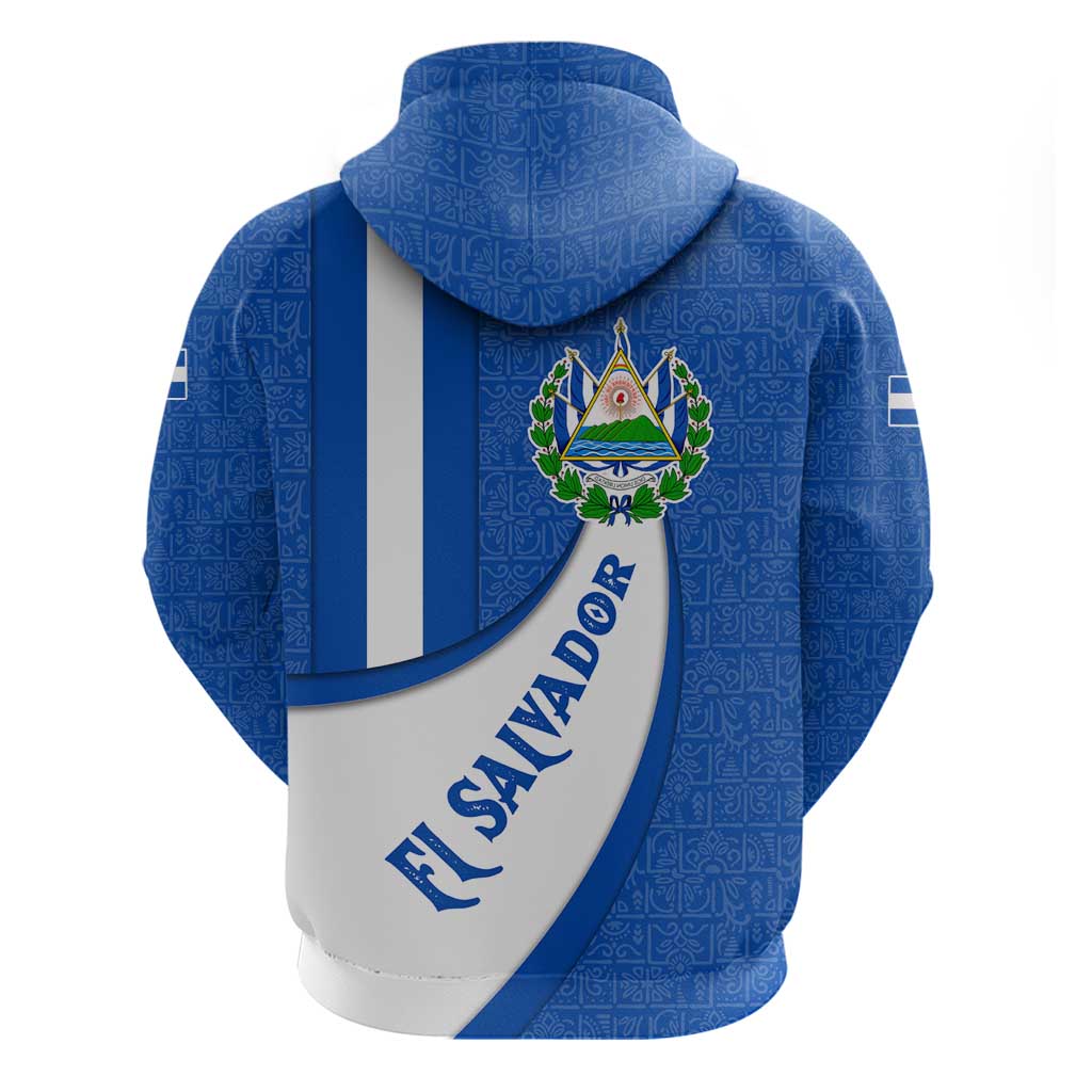El Salvador Coat of Arms Hoodie with Curved Text and Blue Patterned Background - Wonder Print Shop